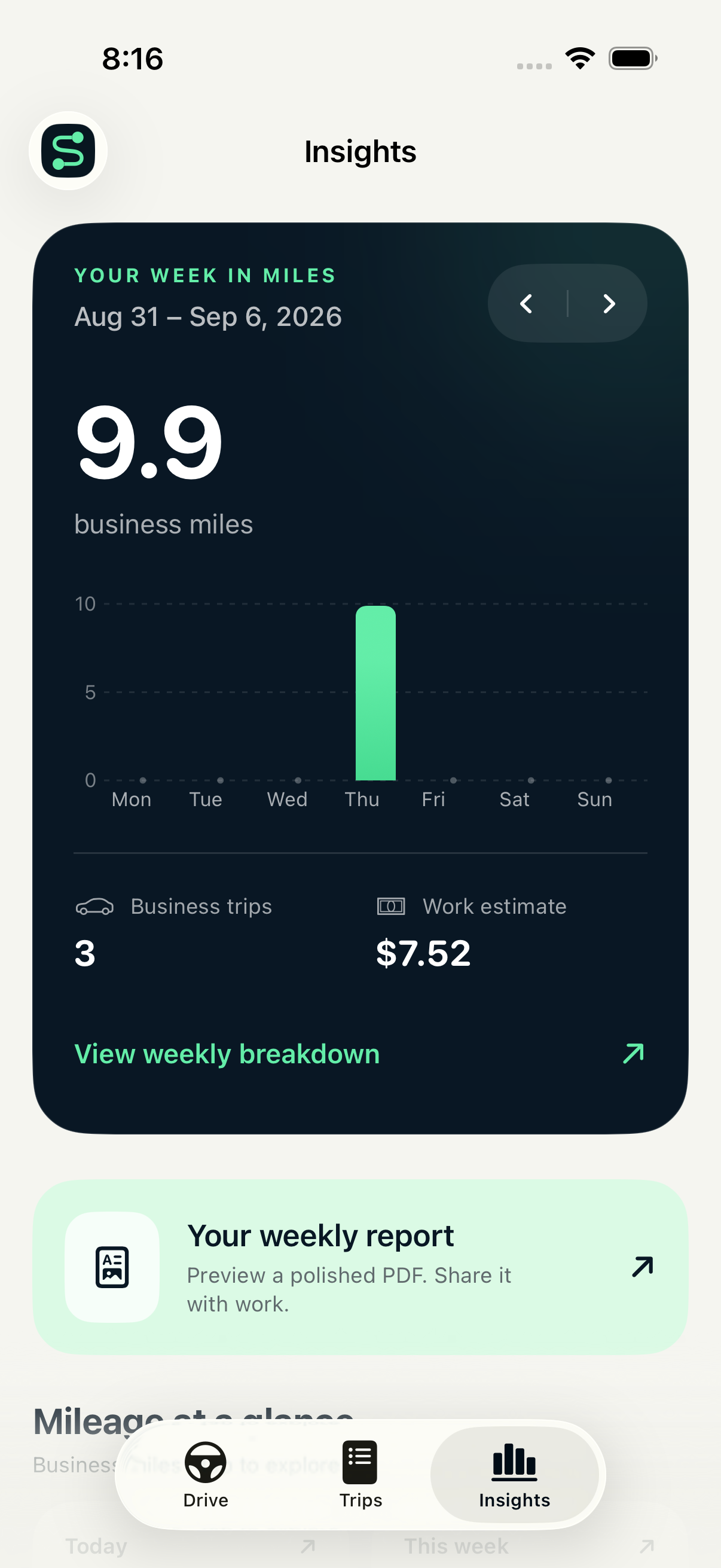Milelight Insights screen with a weekly mileage breakdown